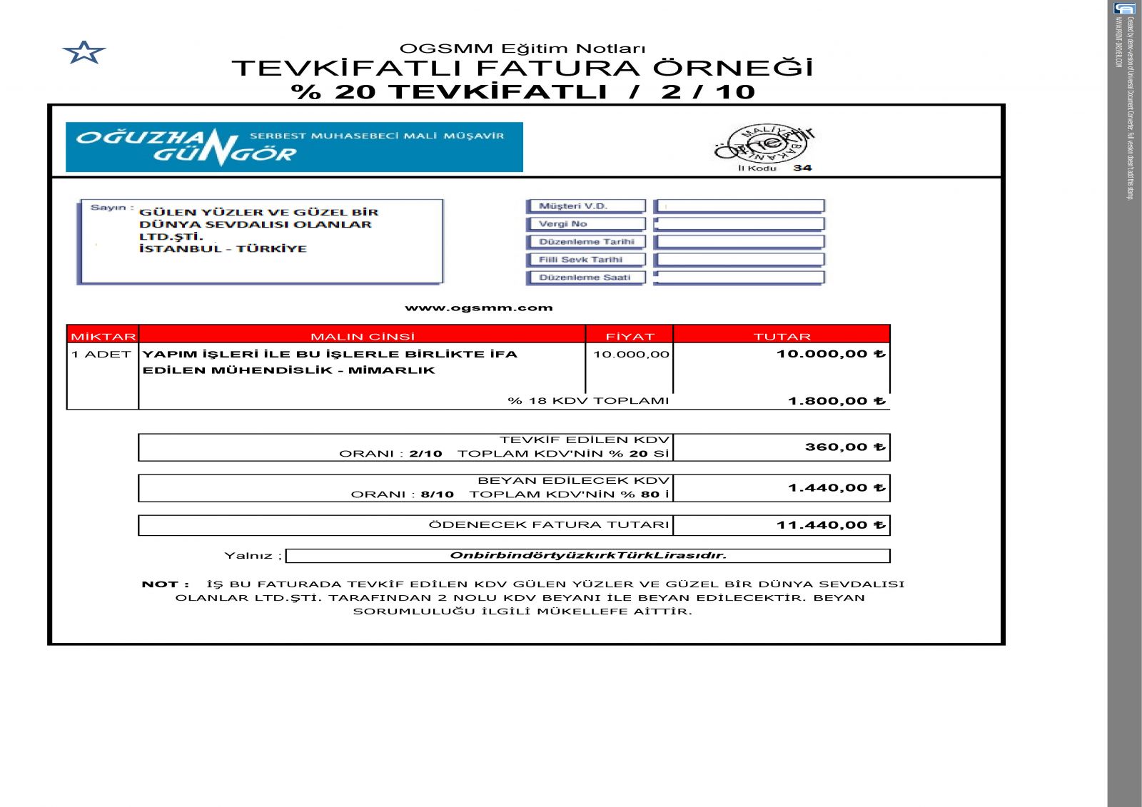 Tevkifatlı fatura örneği